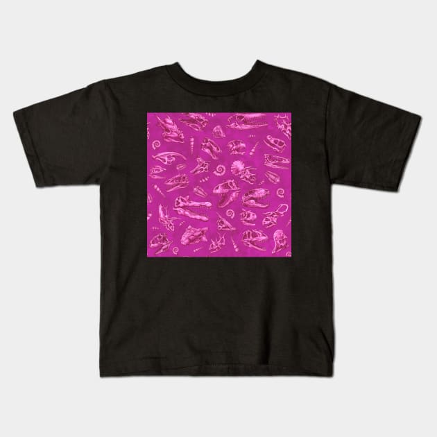 Dinosaur skull sketch tiled pattern pink girls Kids T-Shirt by CassWArt